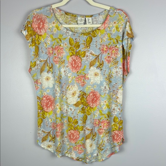 Joie 100% Linen Pink White and Blue Cap Sleeve Floral T-Shirt Size Large - Picture 2 of 8